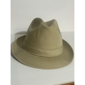 London Fog Vintage Sz 7 Natural Fedora Cap Hat Khaki Cotton Canvas Rain Made USA